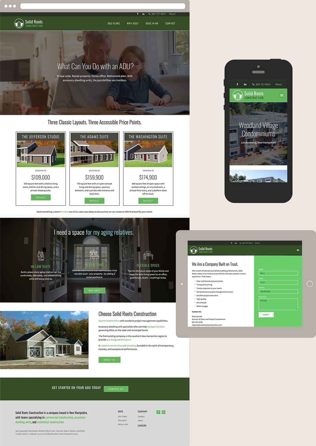 Browser, mobile, and tablet website screens for Solid Roots Construction